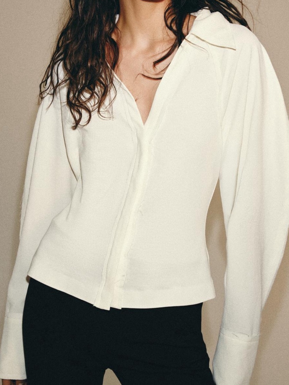 Zara Cream Button-Front Long-Sleeve Blouse